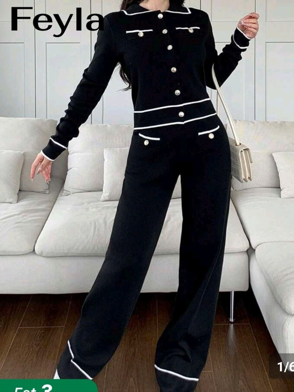 Black Wide-Leg Knit Jumpsuit with White Trim